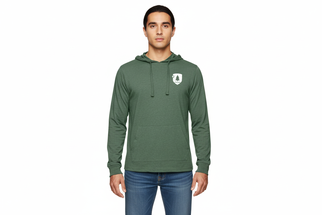 A person wearing a green hooded hoodie with pouch pockets and a drawstring.