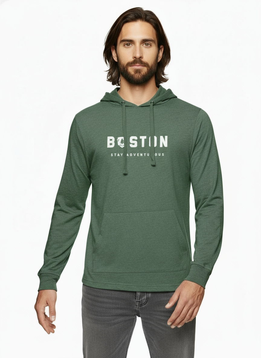 A person wearing a green hoodie with the text 'BOSTON stay adventurous' on the front.