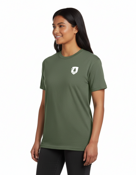 Woman wearing a green t-shirt with a logo on a white background