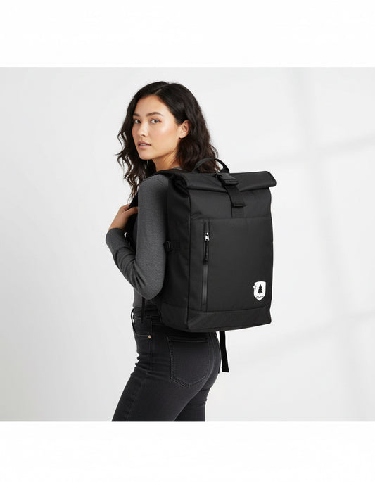 Black backpack with a white logo on a white background