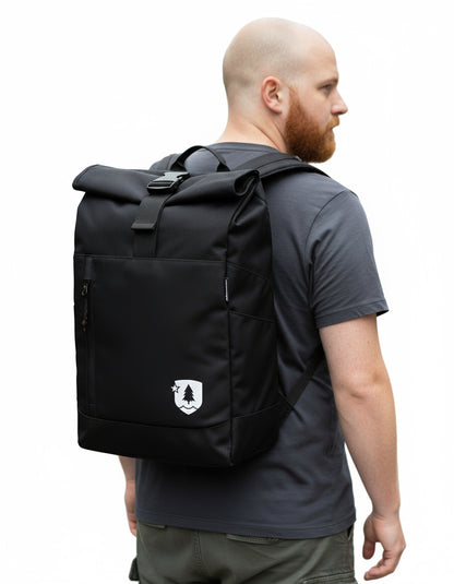 Black backpack with a white logo on a white background