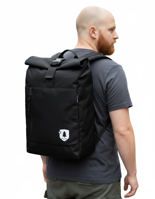 Black backpack with a white logo on a white background