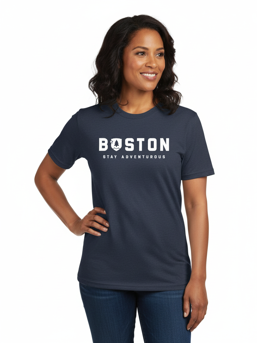 A person wearing a navy T-shirt with the text 'BOSTON' in white.