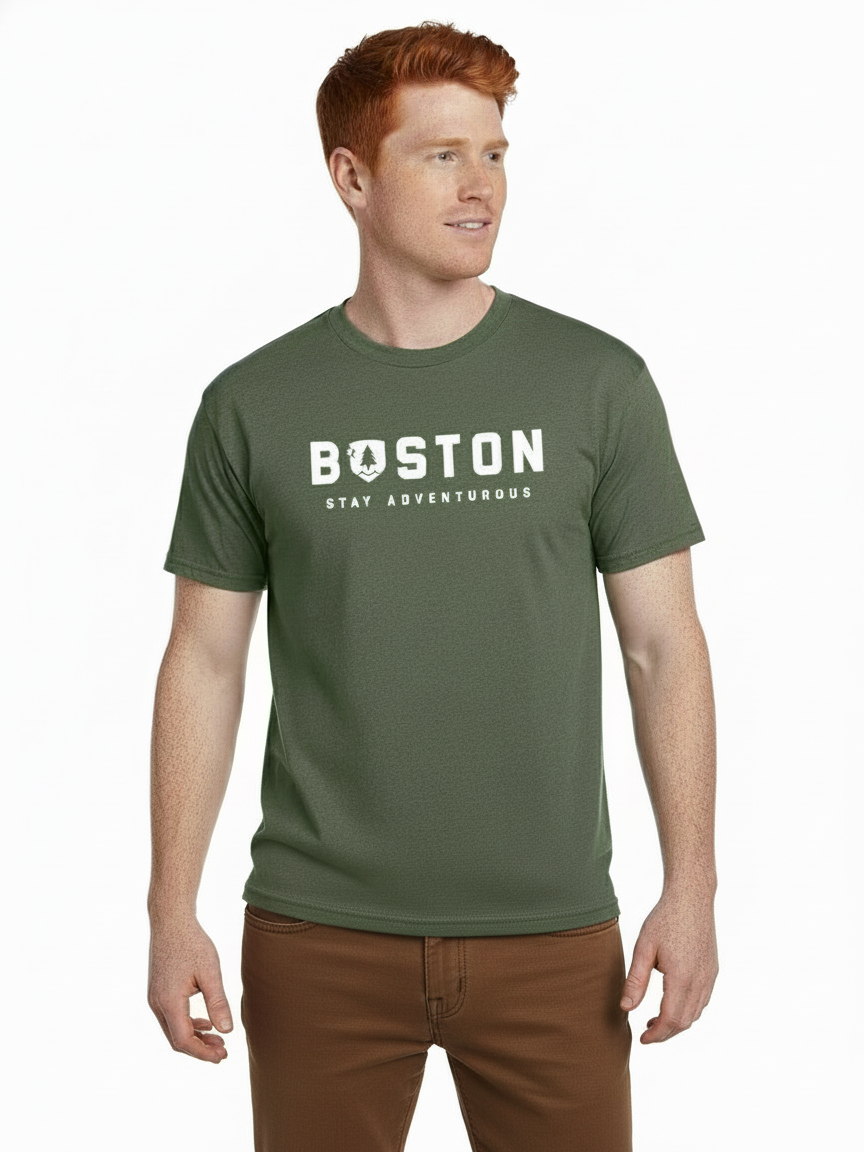 Man wearing a green t-shirt with 'Boston Stay Adventurous' text on a white background