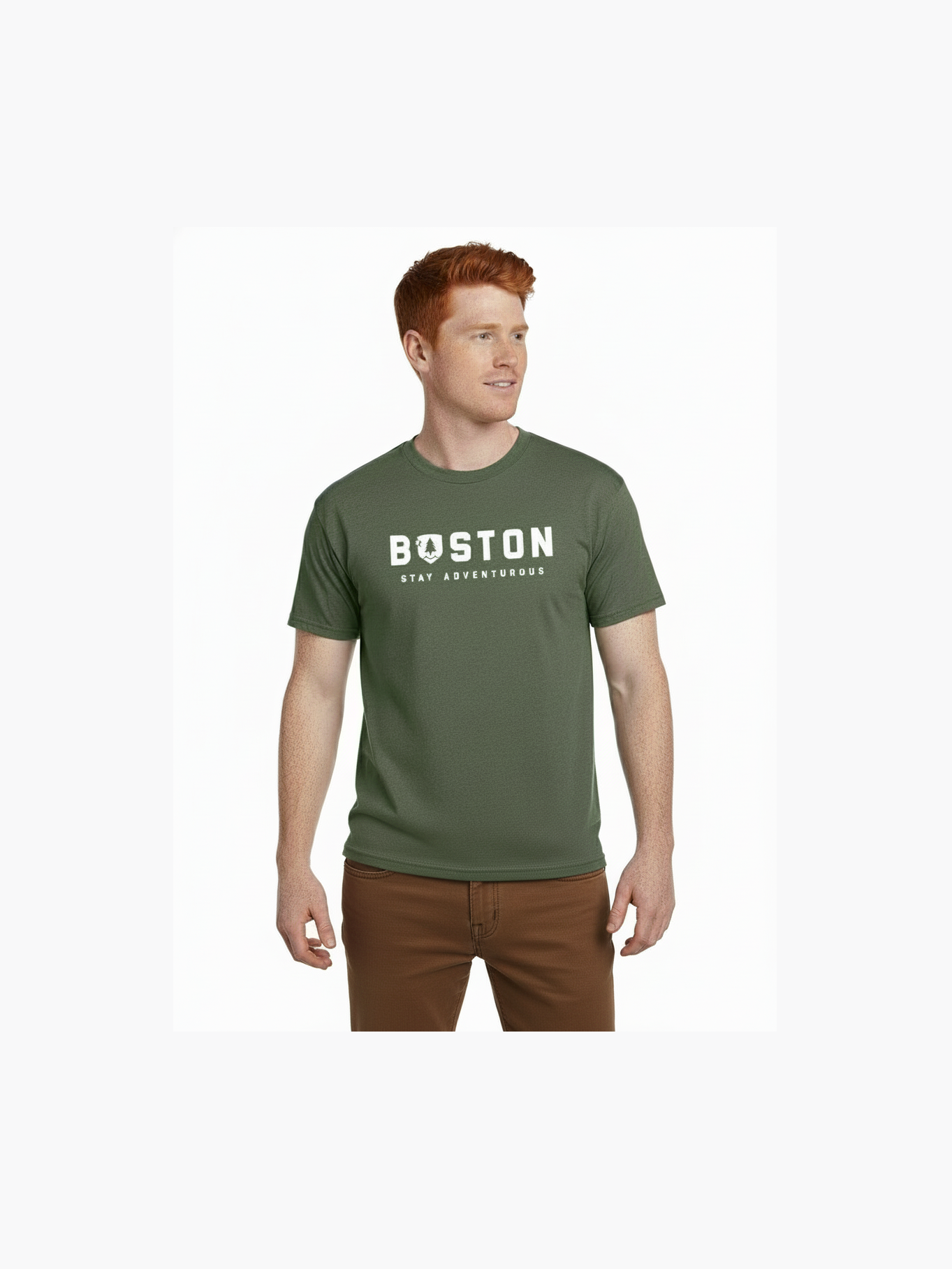 Man wearing a green t-shirt with 'Boston Stay Adventurous' text on a white background
