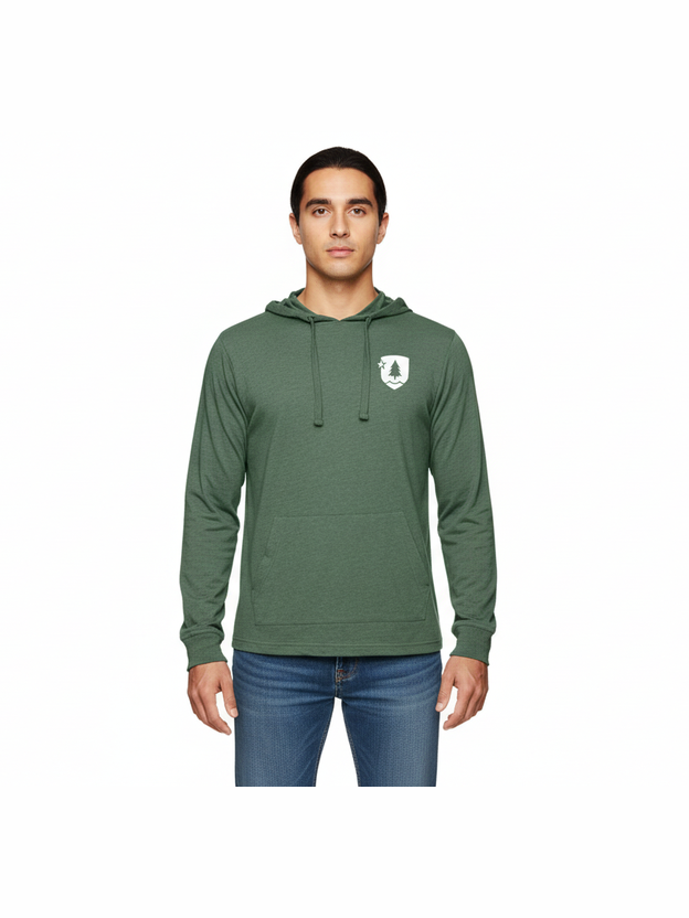 A person wearing a green hooded hoodie with pouch pockets and a drawstring.