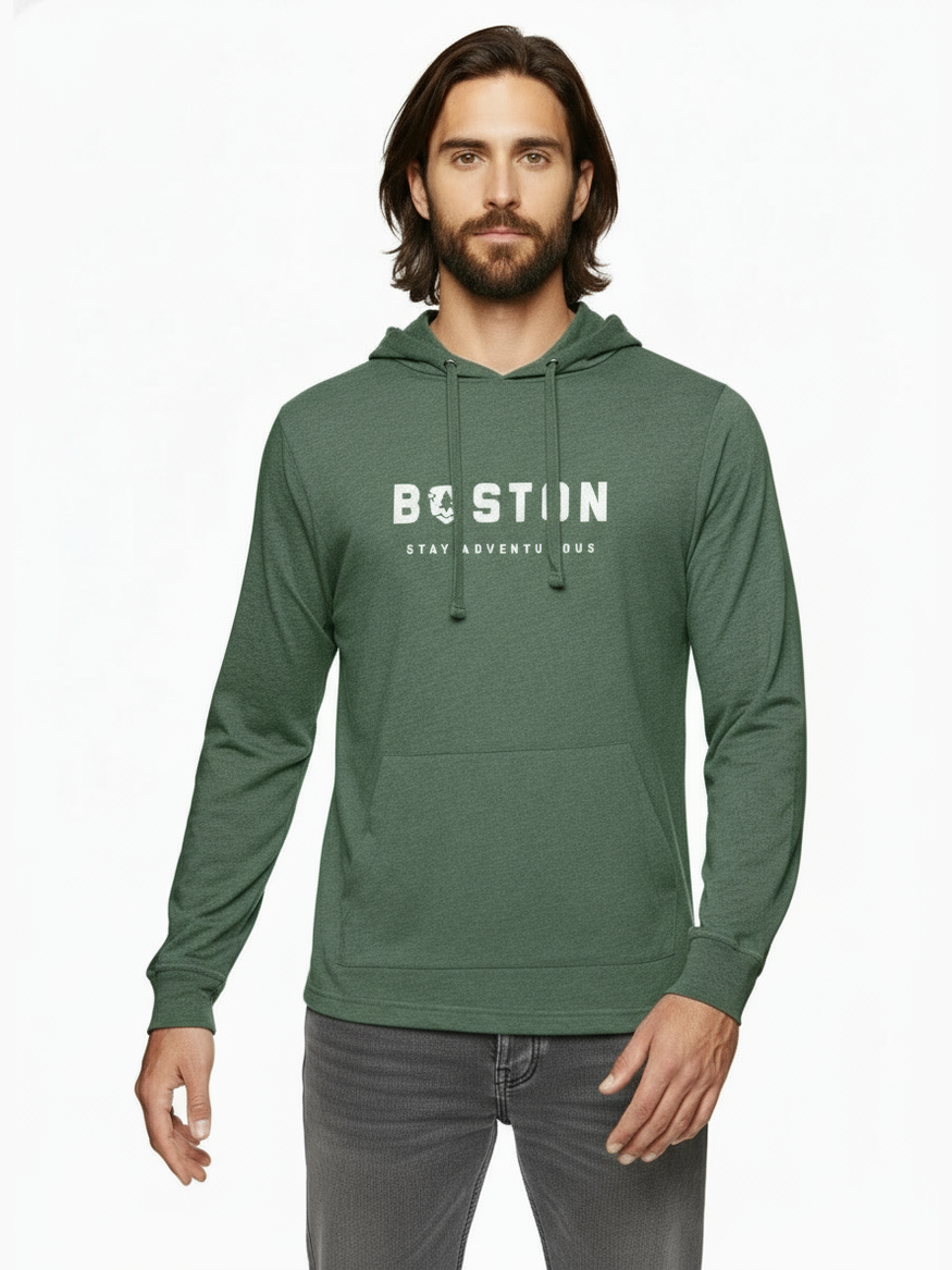 A person wearing a green hoodie with the text 'BOSTON stay adventurous' on the front.