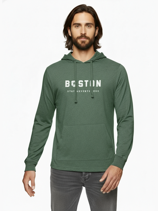 A person wearing a green hoodie with the text 'BOSTON stay adventurous' on the front.