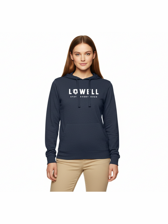 A person wearing a navy blue hoodie with the text 'LOWELL STAY ADVENTUROUS' on the front.