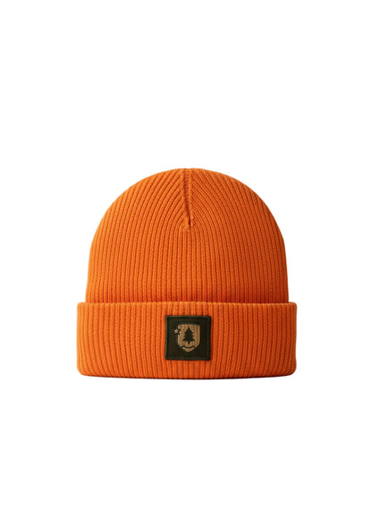 Orange beanie with a logo patch on a light gray background