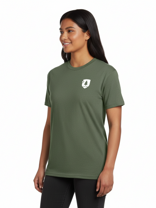Woman wearing a green t-shirt with a logo on a white background