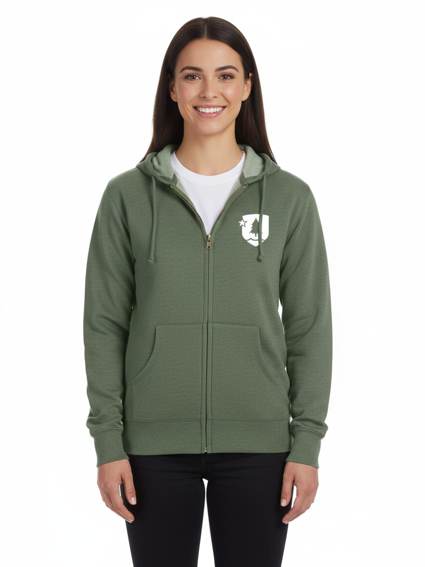 woman wearing a green hoodie with a logo on a white background