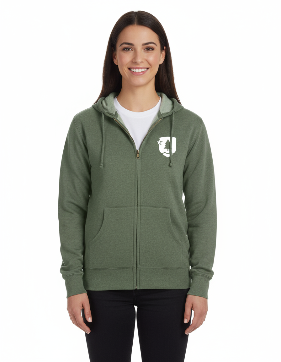 woman wearing a green hoodie with a logo on a white background