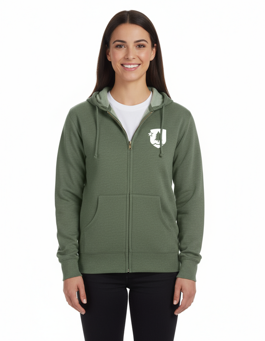 woman wearing a green hoodie with a logo on a white background