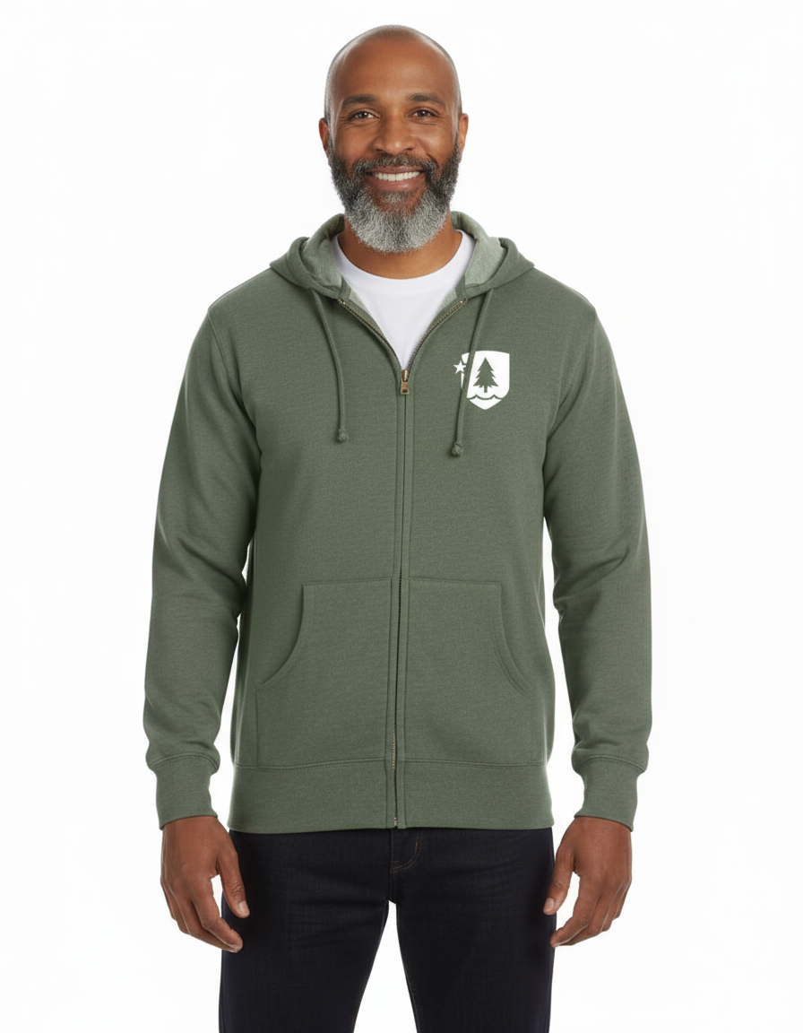 Man wearing a green hoodie with a logo on a white background