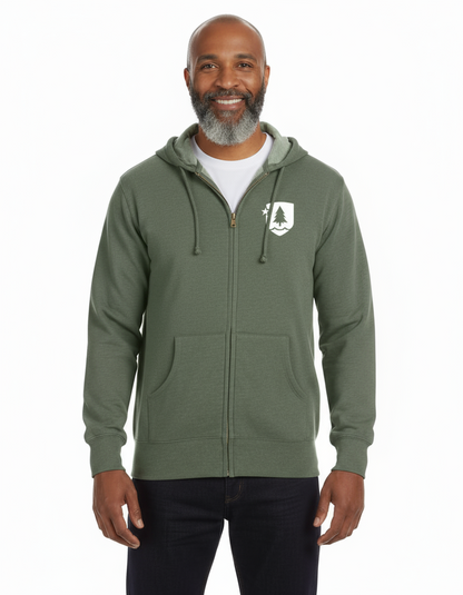 Man wearing a green hoodie with a logo on a white background