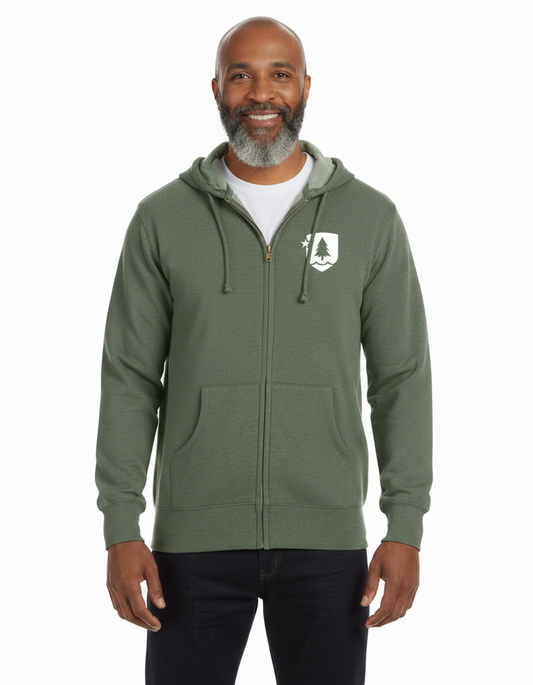 Man wearing a green hoodie with a logo on a white background