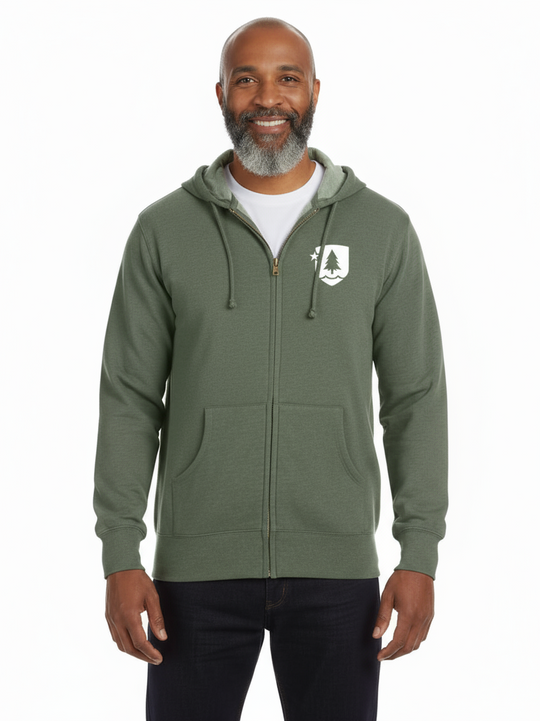 Man wearing a green hoodie with a logo on a white background