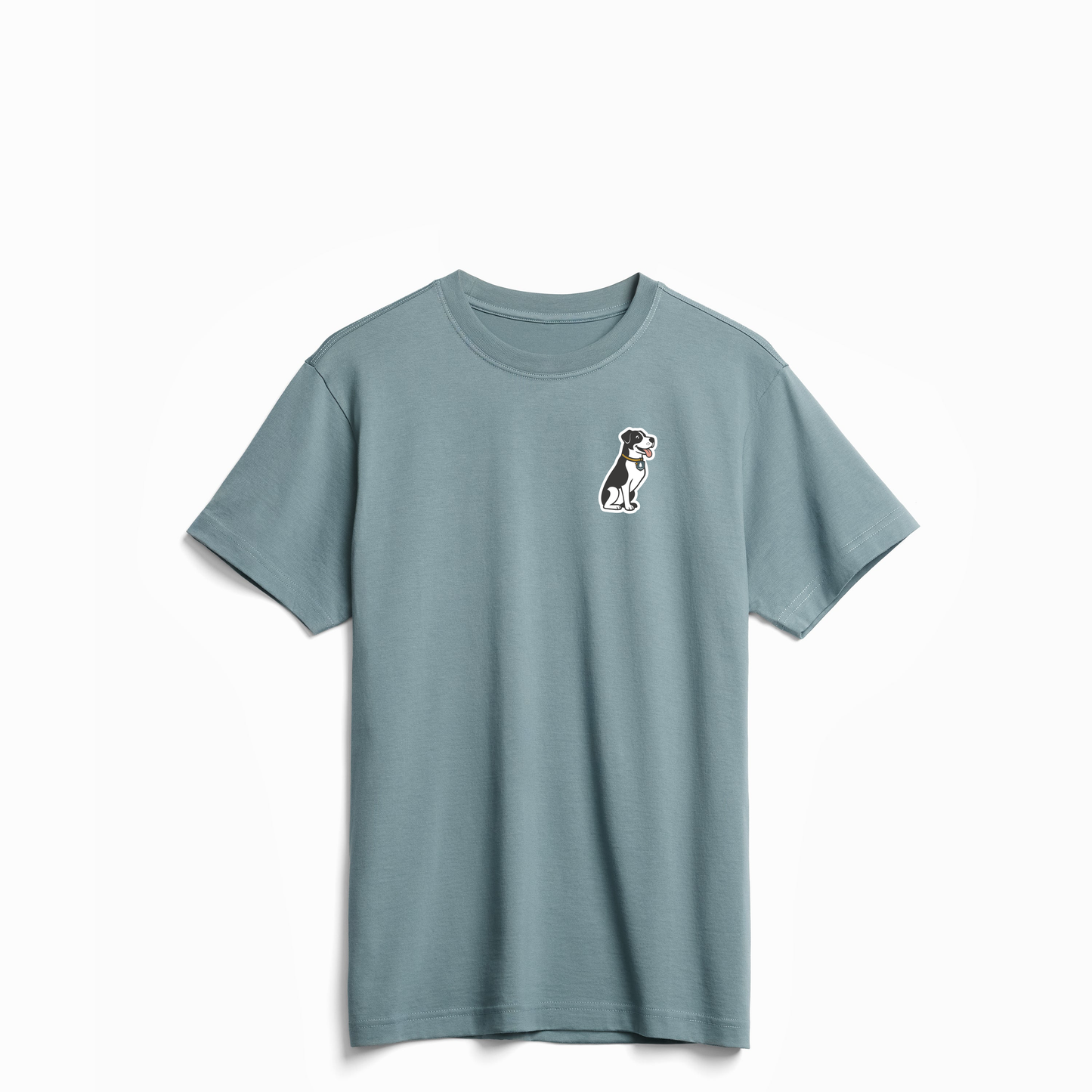 Light blue t-shirt with a small dog graphic on a white background