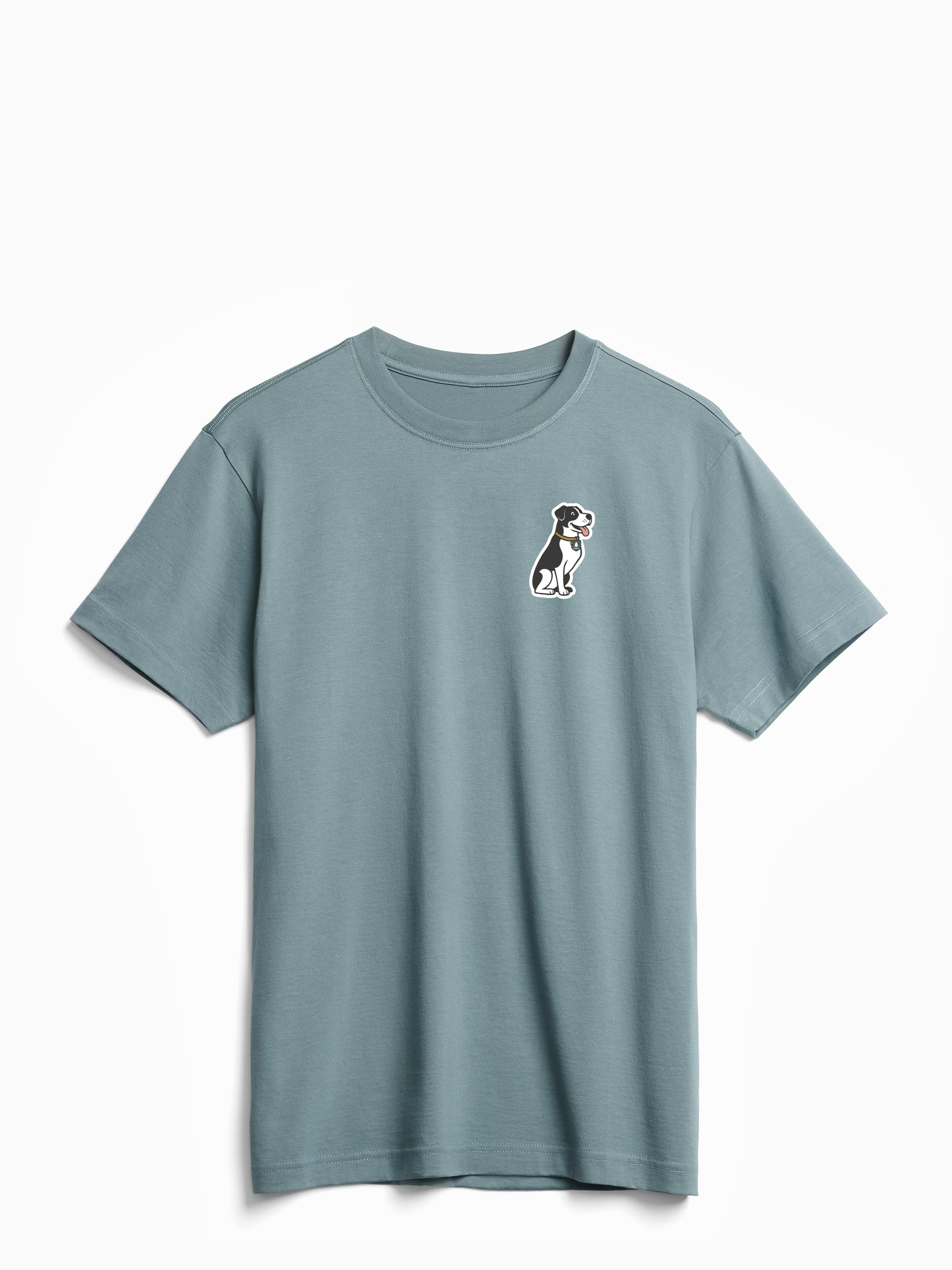 Light blue t-shirt with a small dog graphic on a white background