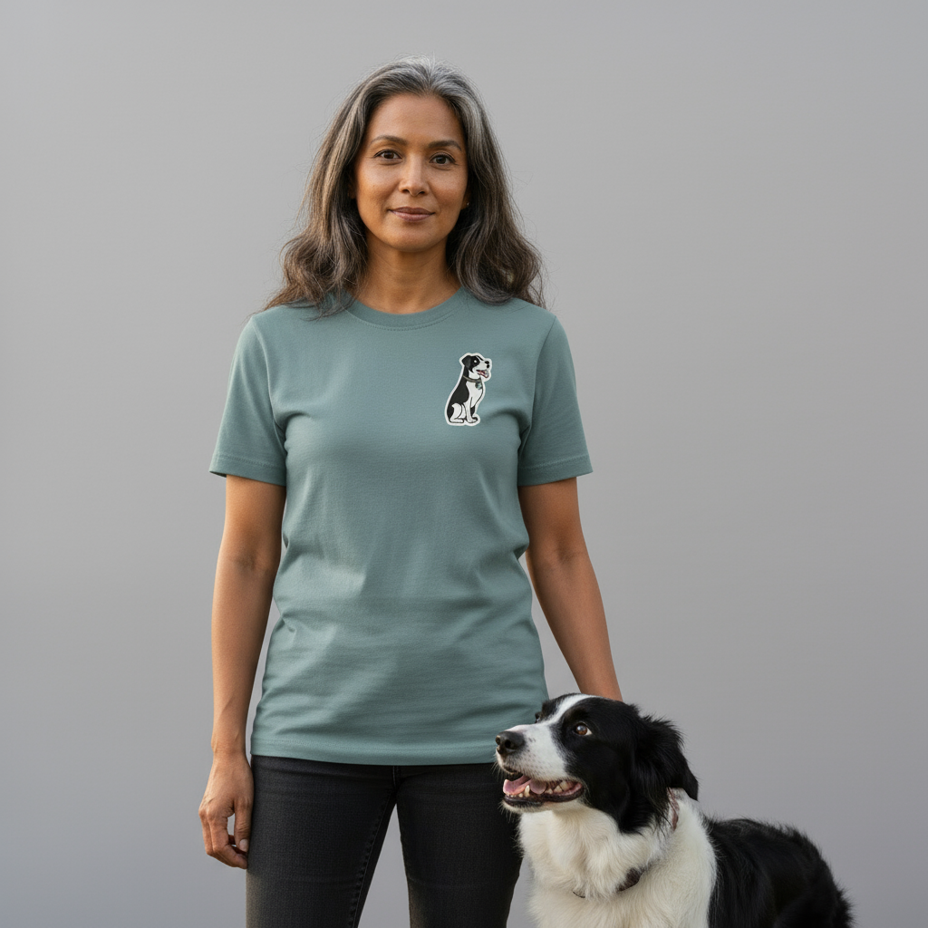 Light blue t-shirt with a small dog graphic on a white background