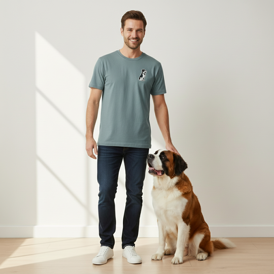 Light blue t-shirt with a small dog graphic on a white background