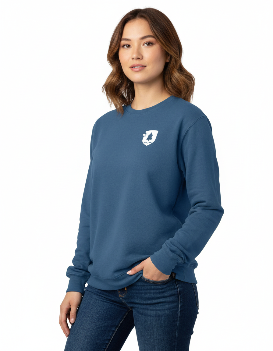 woman wearing a blue sweatshirt with a logo on a white background