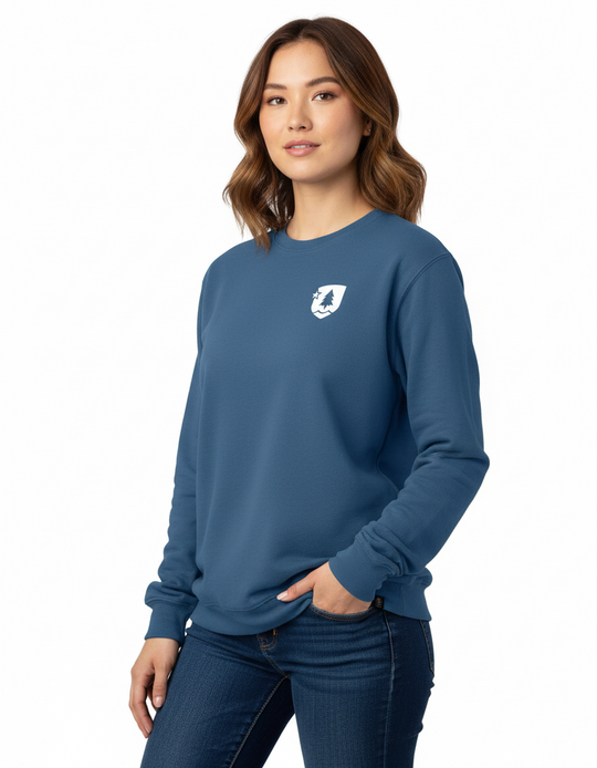 woman wearing a blue sweatshirt with a logo on a white background