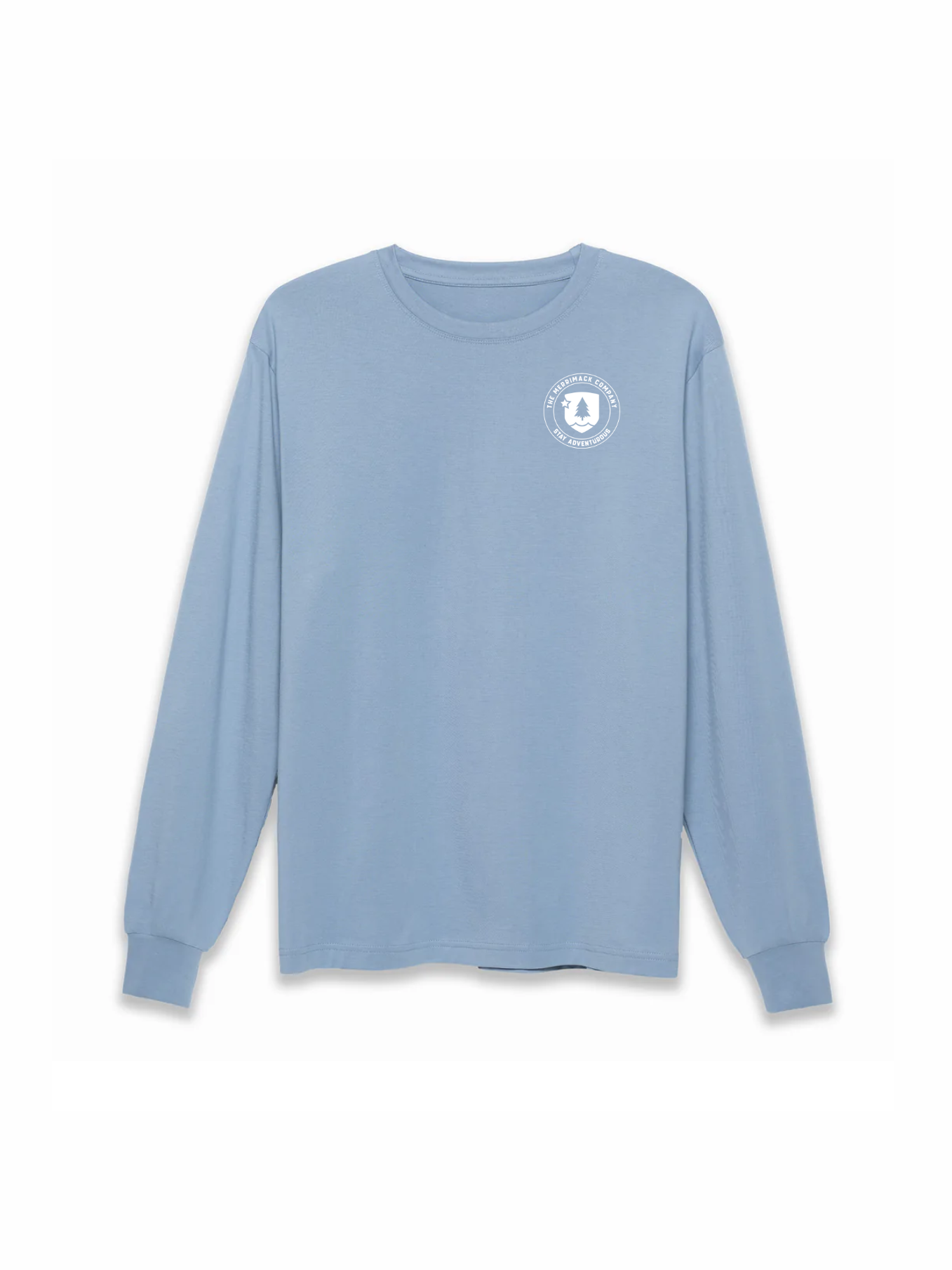A long-sleeved blue t-shirt with a small logo on the upper left side.
