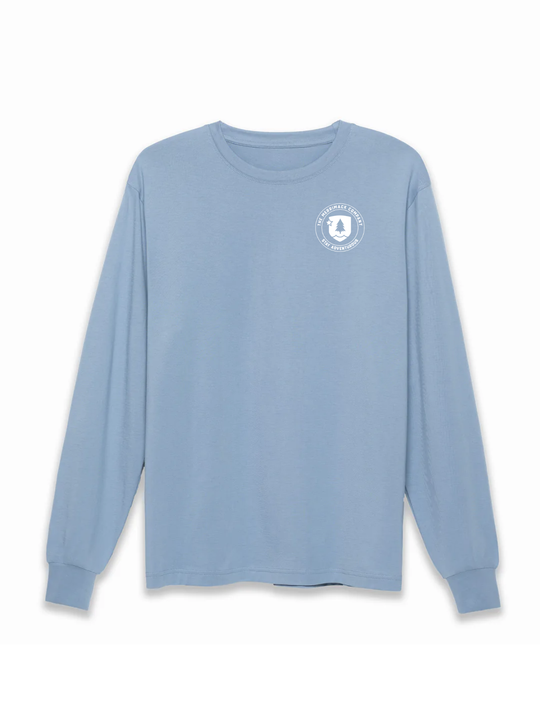 A long-sleeved blue t-shirt with a small logo on the upper left side.
