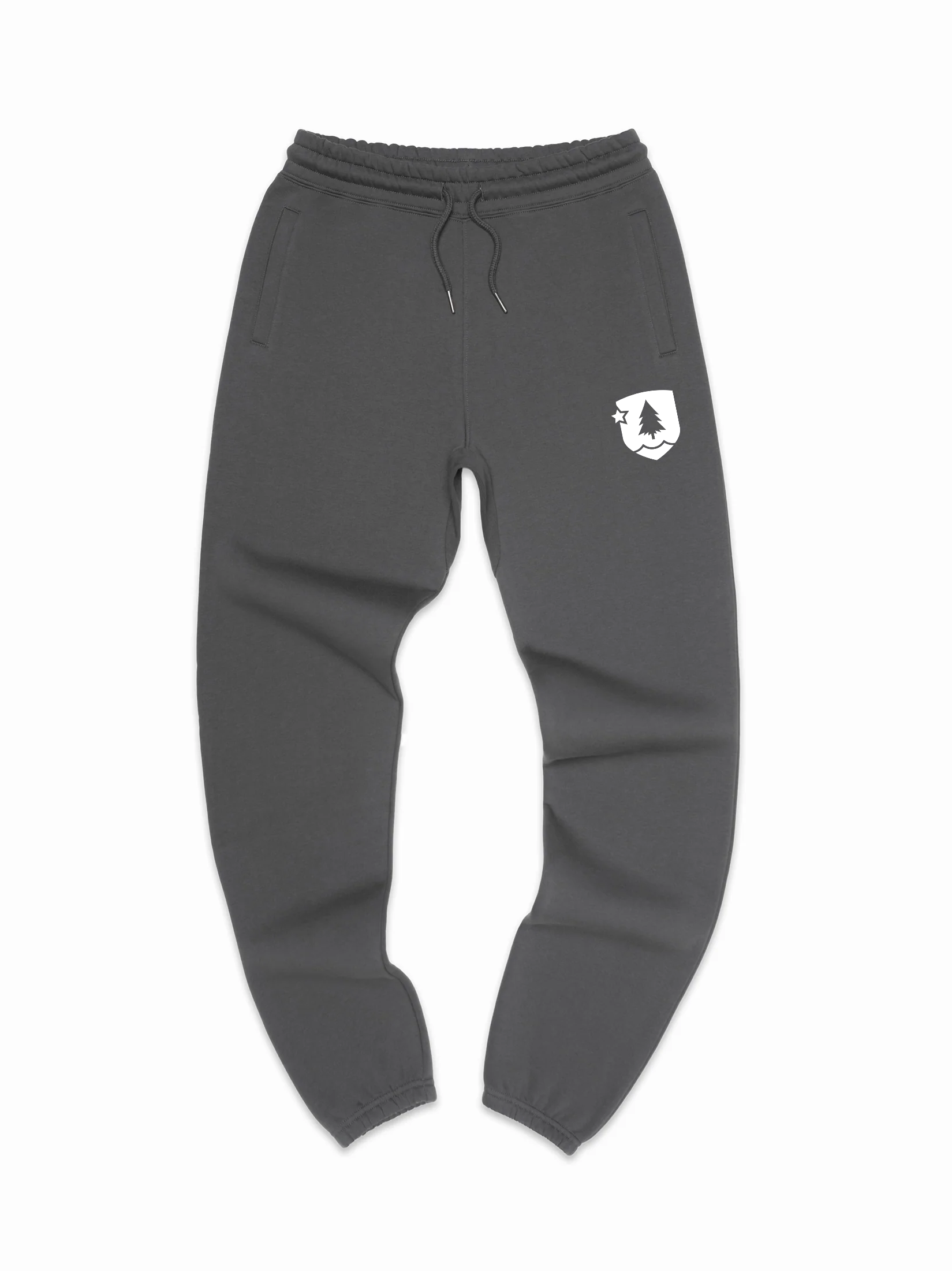 Gray sweatpants with a small logo on a white background