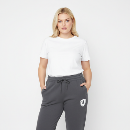 Gray sweatpants with a small logo on a white background