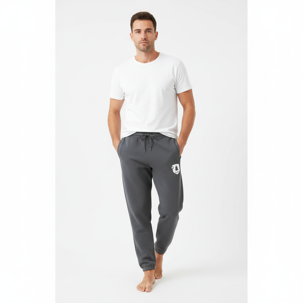 Gray sweatpants with a small logo on a white background