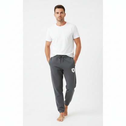 Gray sweatpants with a small logo on a white background