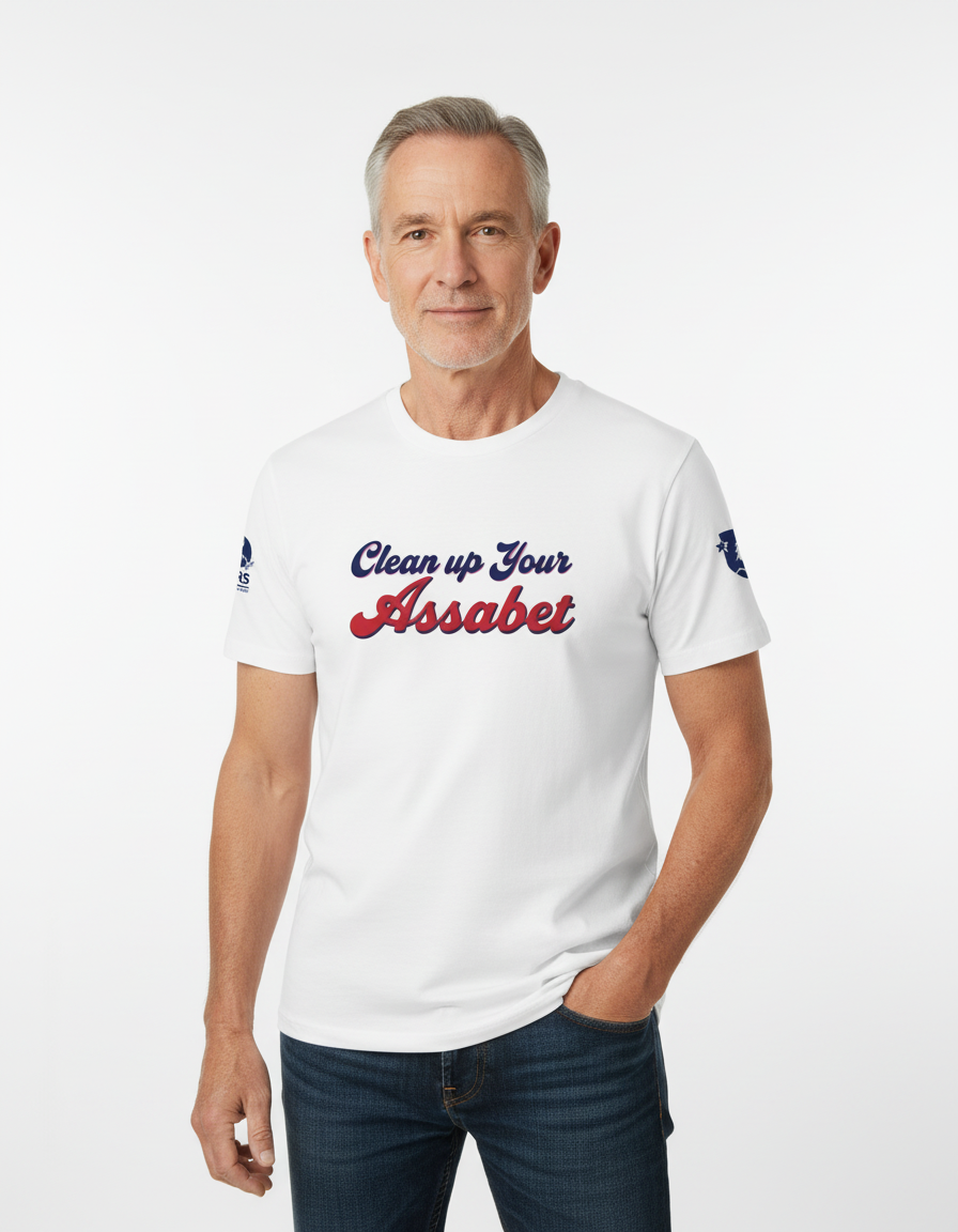 a white t-shirt with text and logos on a white background