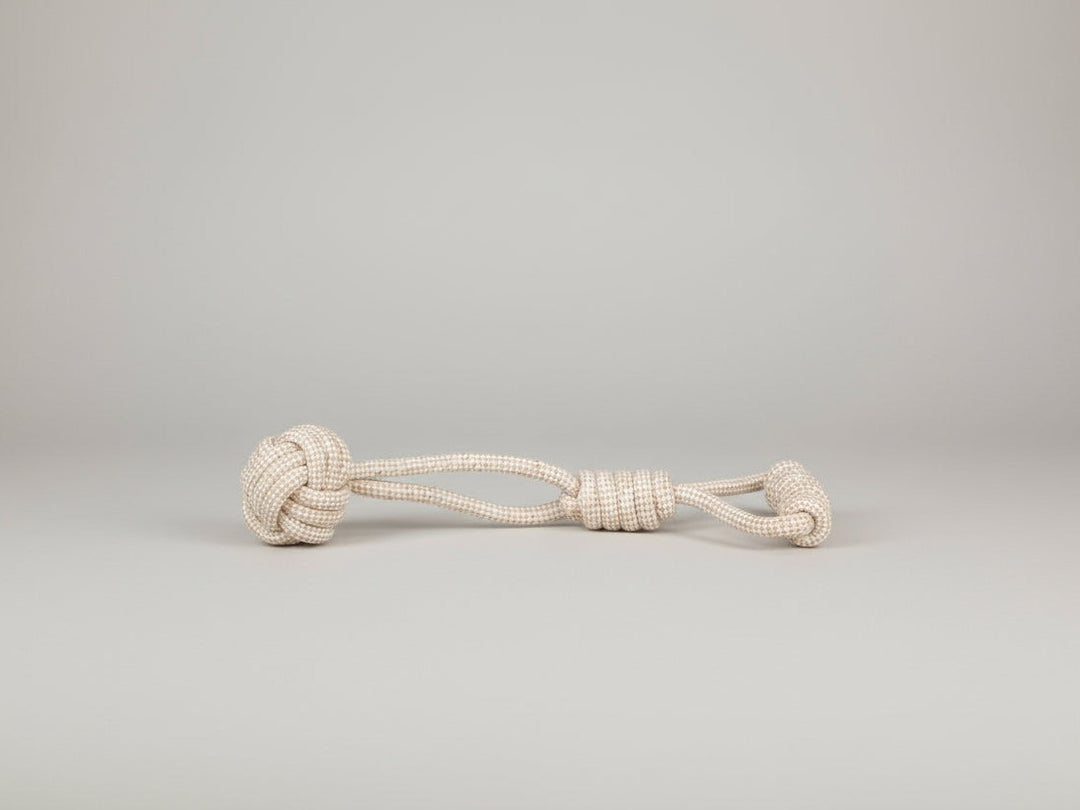 Dog toy with a rope and ball on a wooden floor