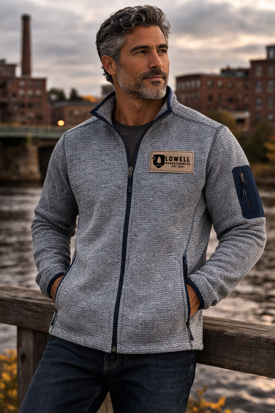 Man wearing a gray fleece jacket with a Lowell logo by a waterfront.