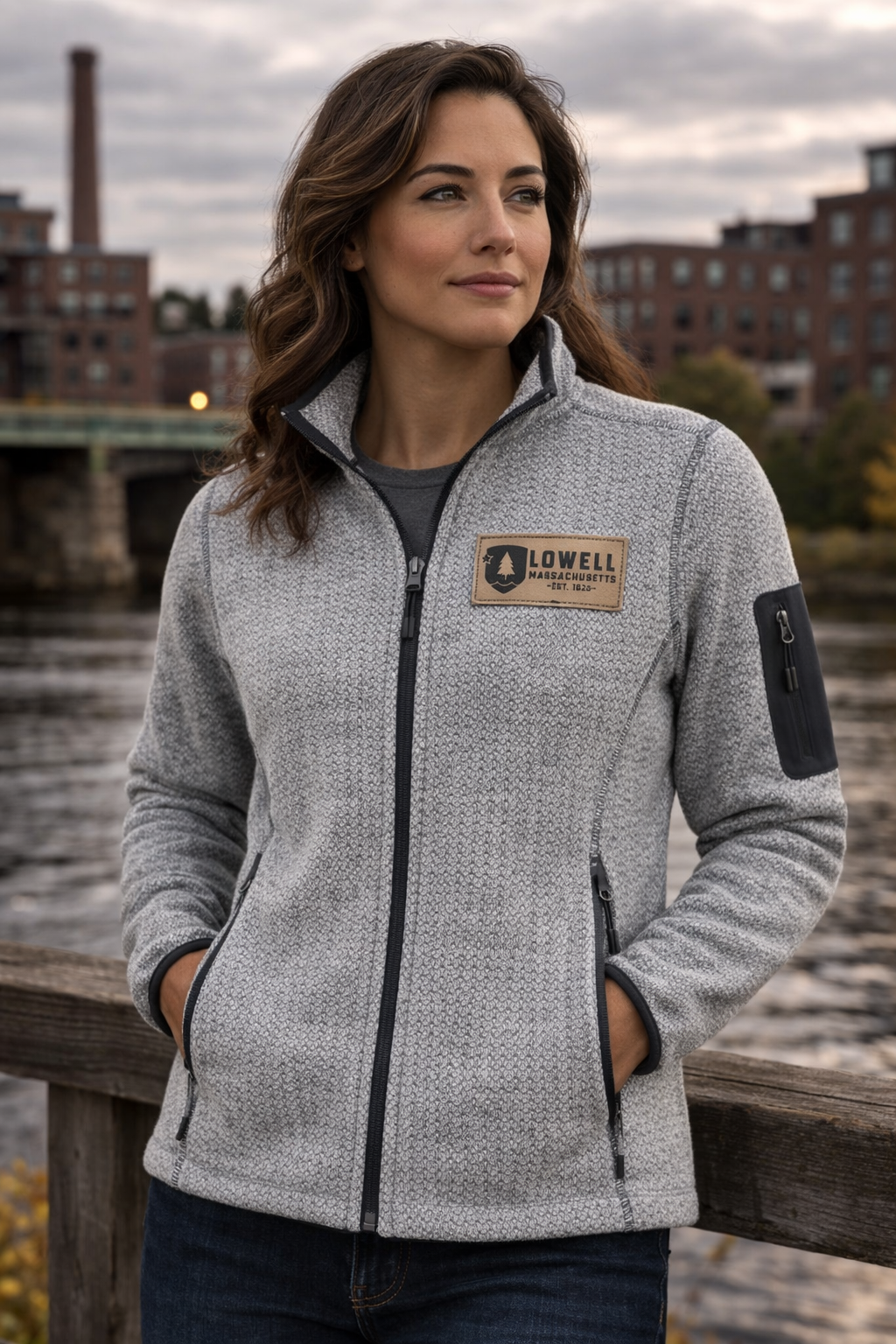 Woman wearing a gray jacket with a brand logo, standing by a waterfront with buildings in the background.