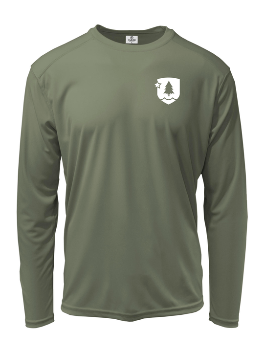 A long-sleeved green crewneck solar shirt with a logo on the upper left chest area.